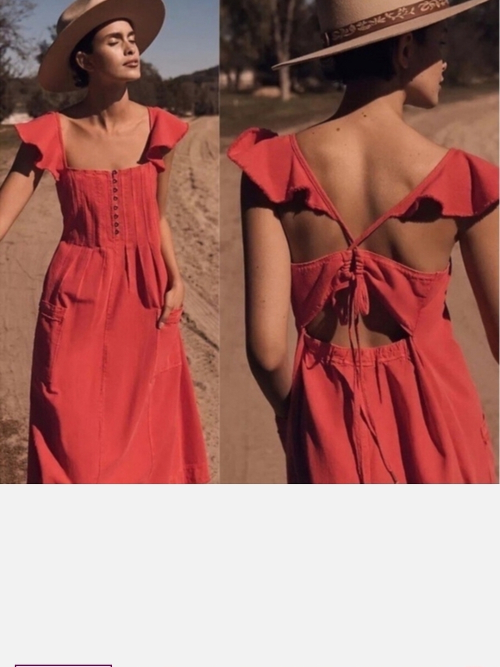 Pilcro Coral-Red Backless Midi Dress with Ruffle Sleeves